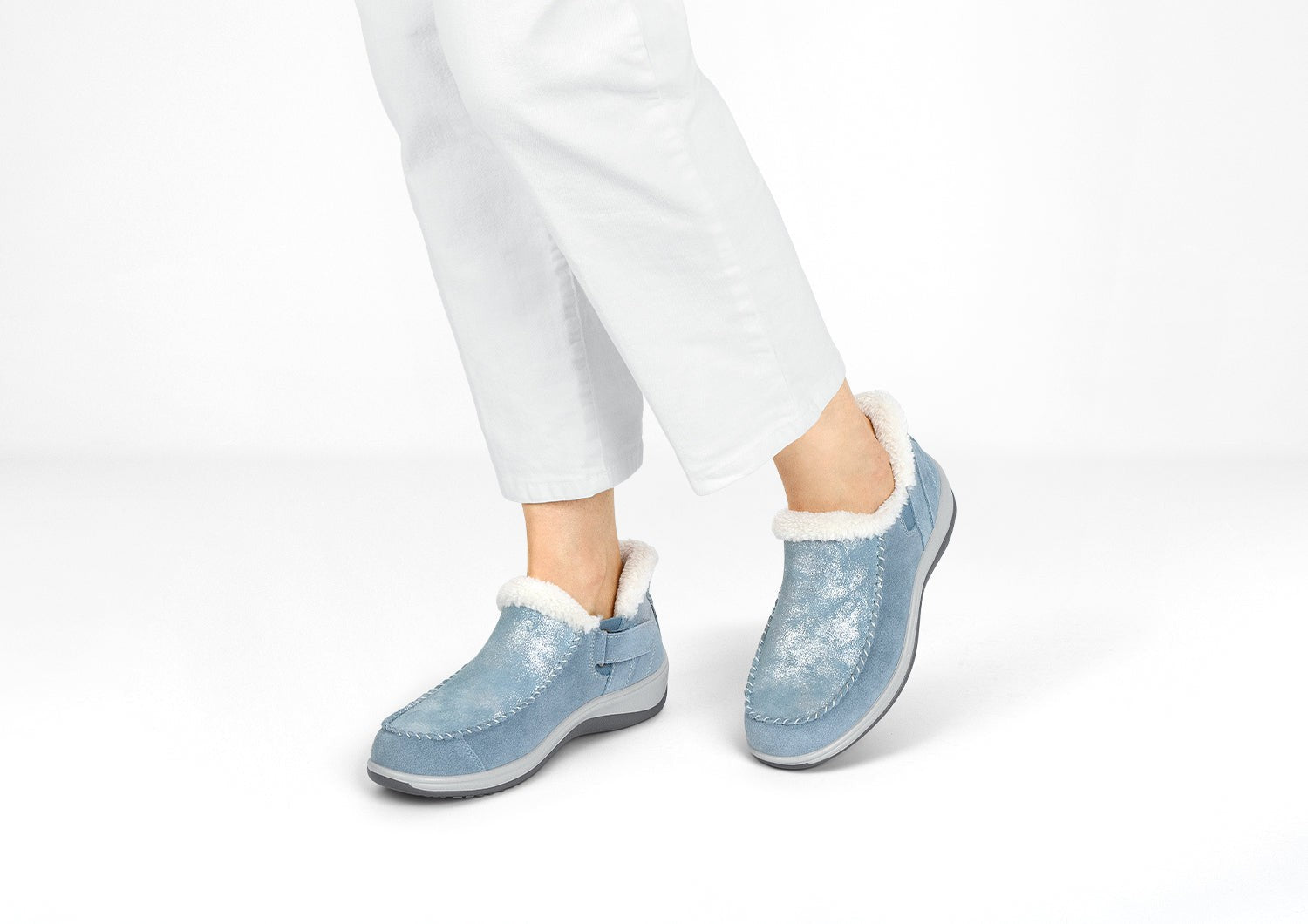 Orthofeet Lorin Wool Supportive Hands-Free Slipper-Shoe - Blue Shimmer - Lifestyle View - 2