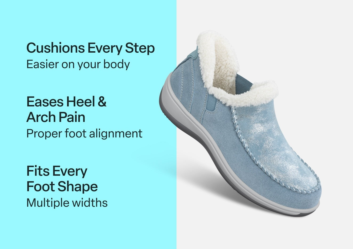 Orthofeet Lorin Wool Supportive Hands-Free Slipper-Shoe - Blue Shimmer - Comfort Benefits - 3