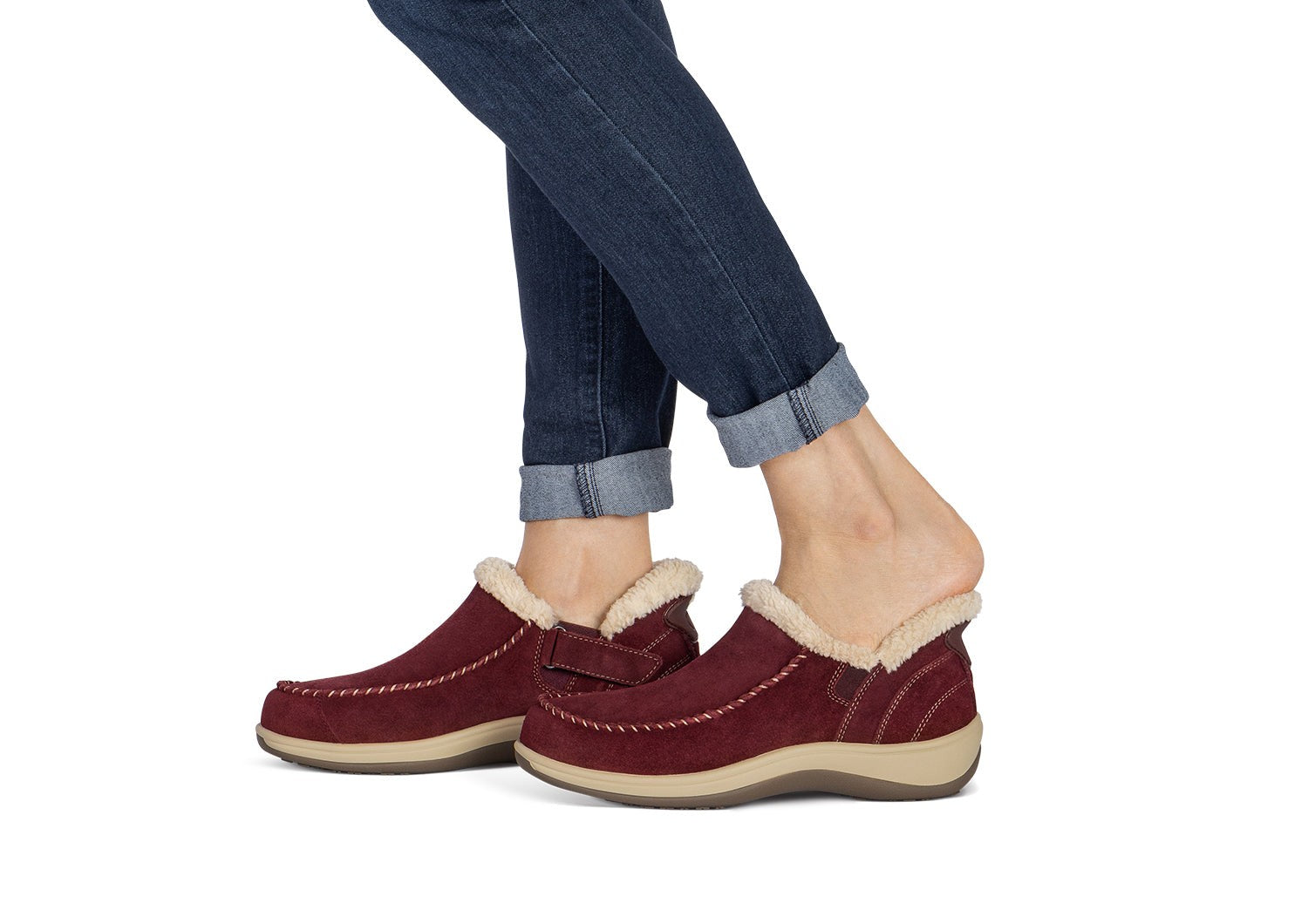 Orthofeet Lorin Wool Supportive Hands-Free Slipper-Shoe - Bordeaux - Lifestyle View - 7