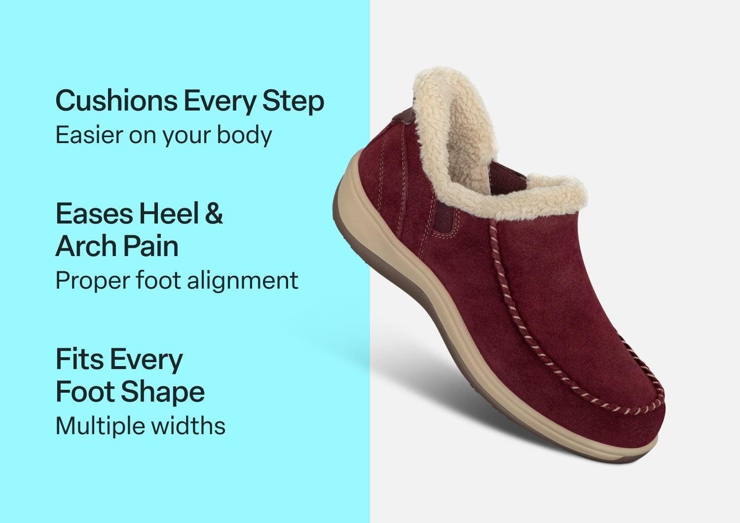 Orthofeet Lorin Wool Supportive Hands-Free Slipper-Shoe - Bordeaux - Comfort Benefits - 2