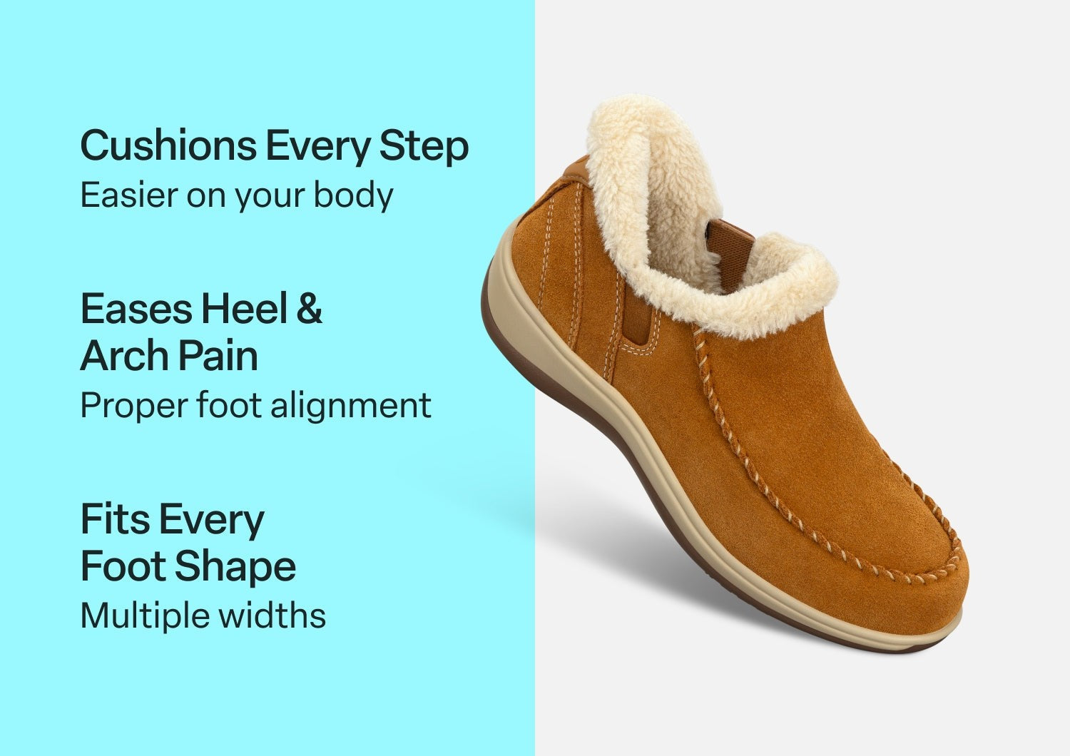 Orthofeet Lorin Wool Supportive Hands-Free Slipper-Shoe - Camel - Comfort Benefits - 1