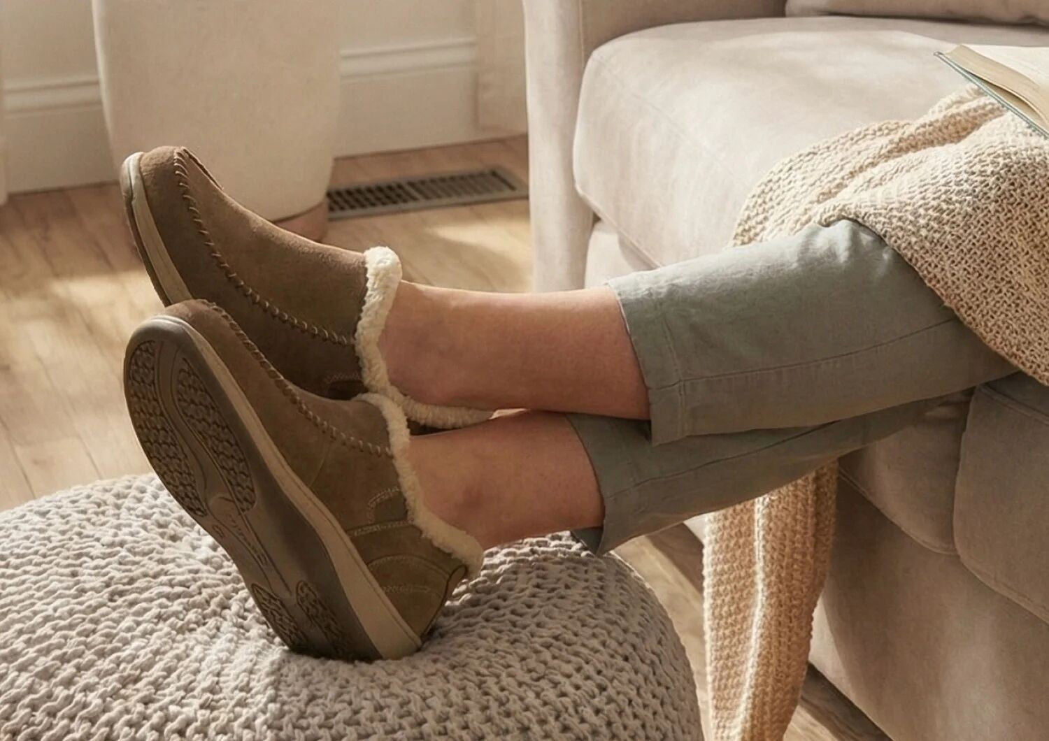 Orthofeet Lorin Wool Supportive Hands-Free Slipper-Shoe - Light Brown - Lifestyle View - 5