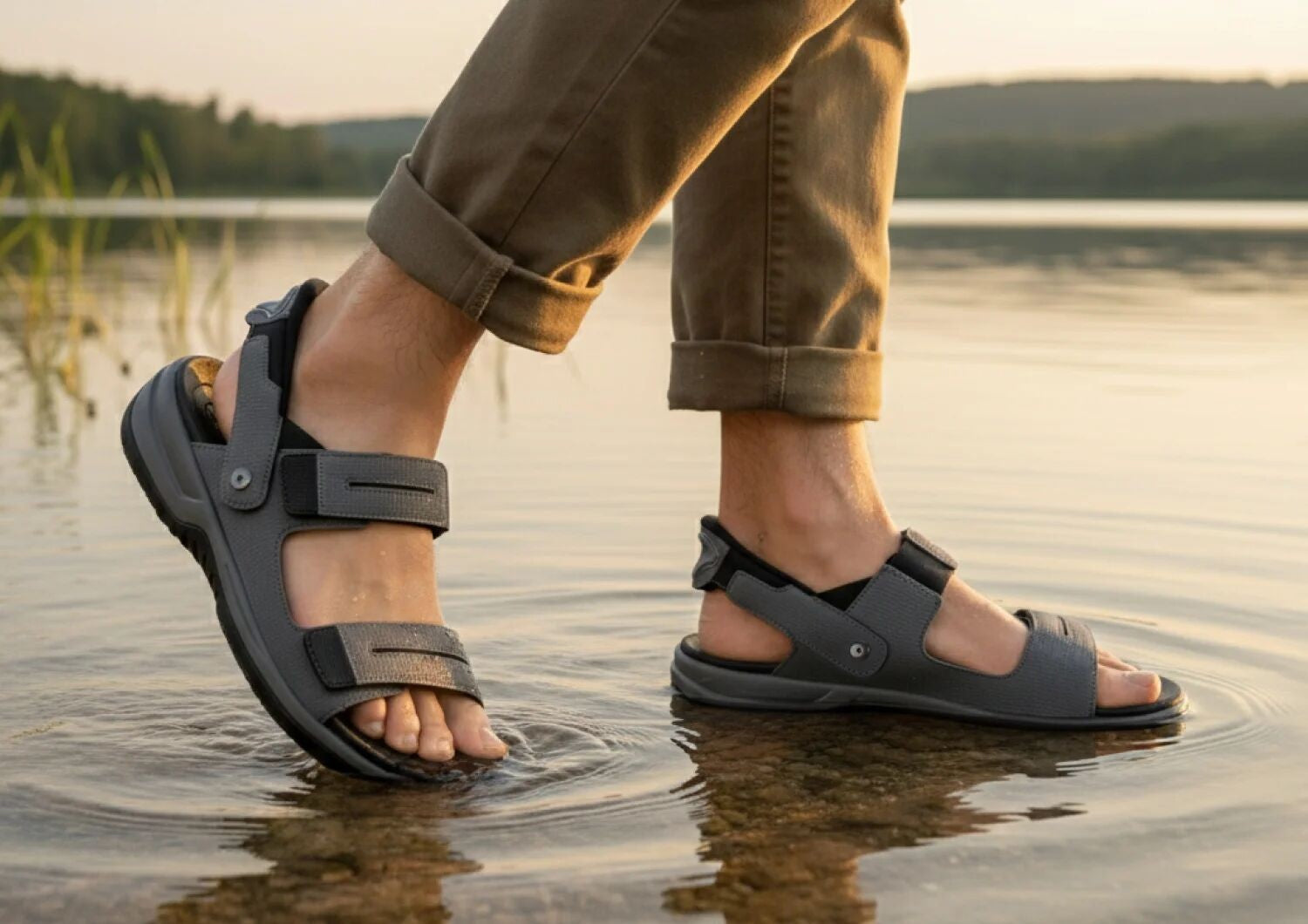 Orthofeet Neptune Hands-Free Support Men's Sandals - Gray - Lifestyle View - 7
