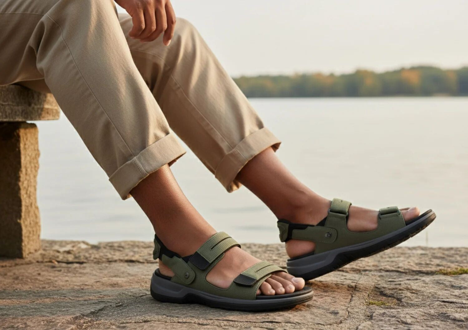 Orthofeet Neptune Hands-Free Support Men's Sandals - Olive - Lifestyle View - 7