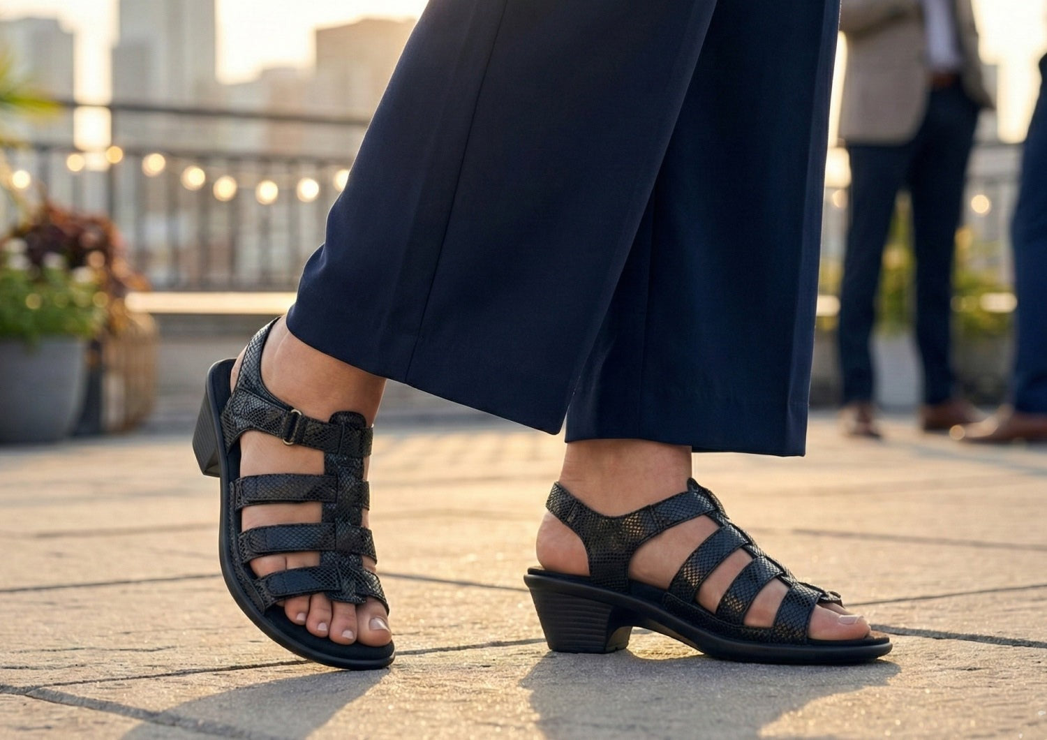 Orthofeet Tessa Supportive Heel Strap Women's Sandals - Black Snake - Lifestyle View - 2