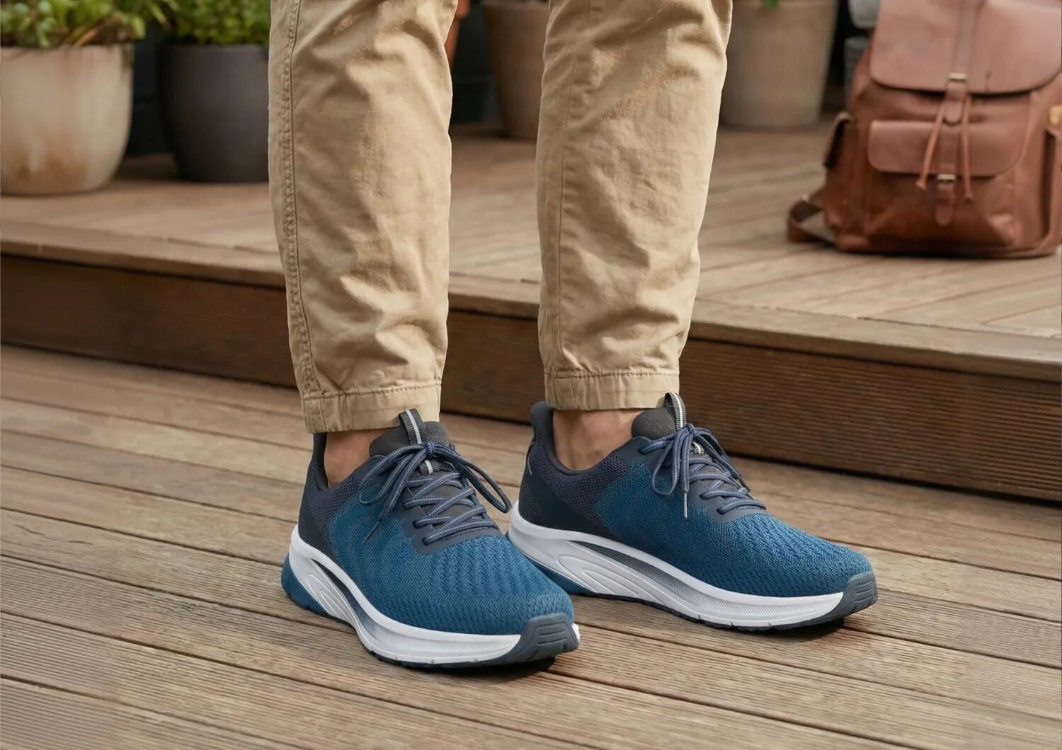 Orthofeet Tilos Hands-Free Support Stretch Men's Sneakers - Blue - Lifestyle View - 7