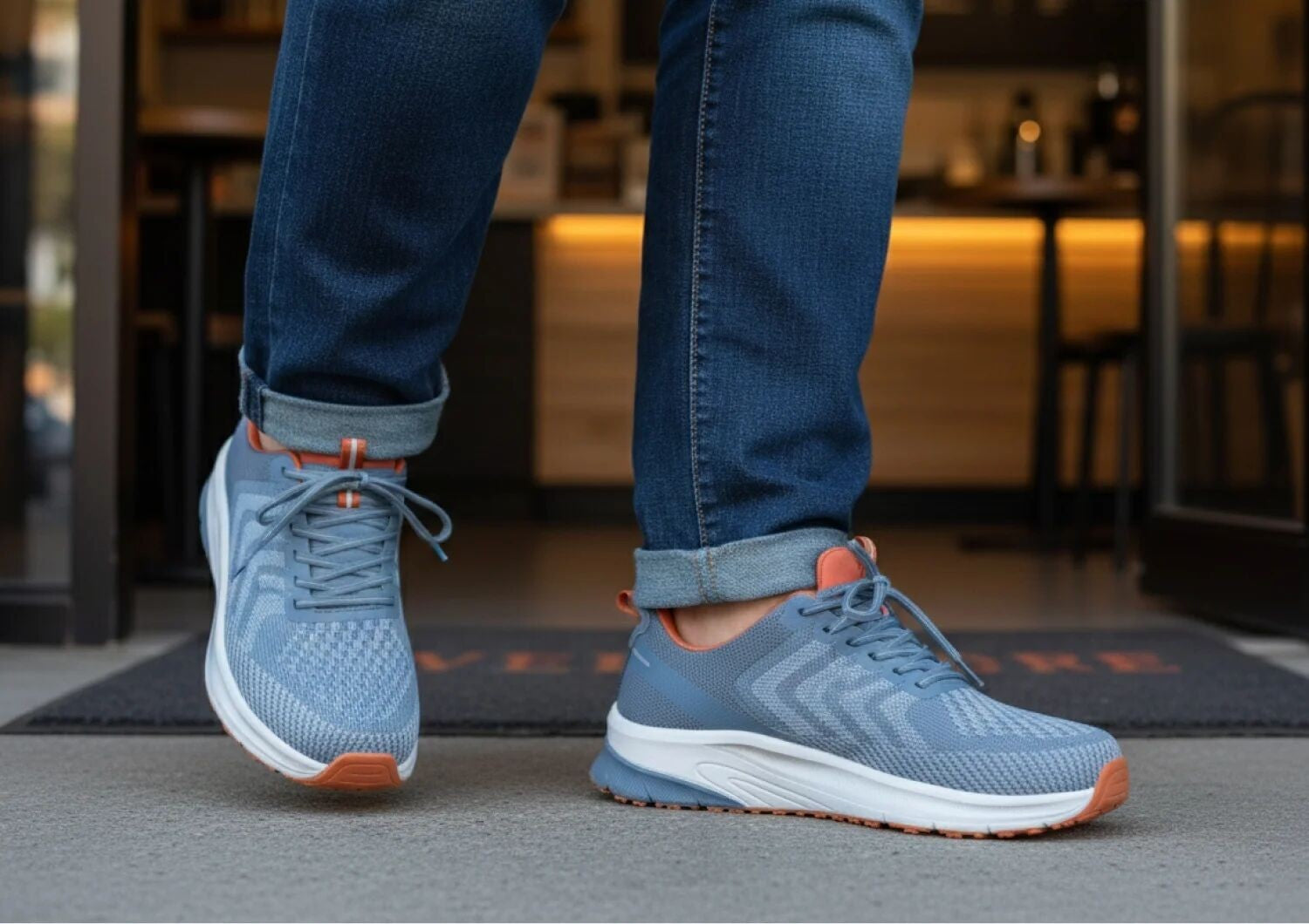 Orthofeet Tilos Hands-Free Support Stretch Men's Sneakers - Blue/orange - Lifestyle View - 7
