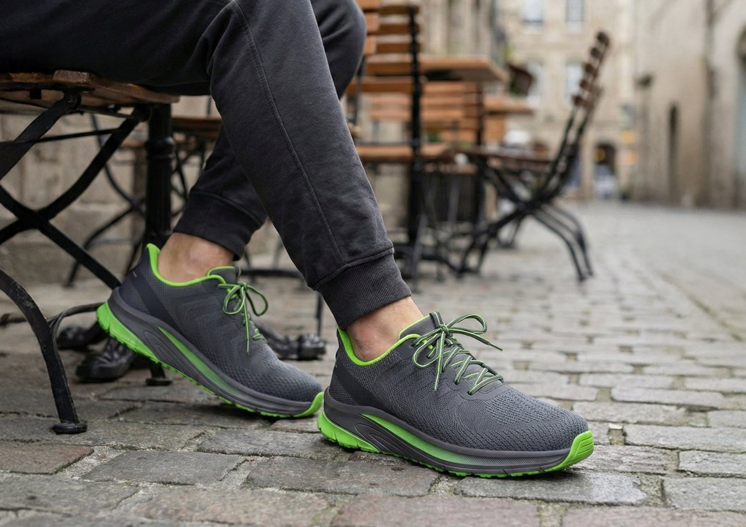 Orthofeet Tilos Hands-Free Support Stretch Men's Sneakers - Dark Gray/lime - Product View - 2