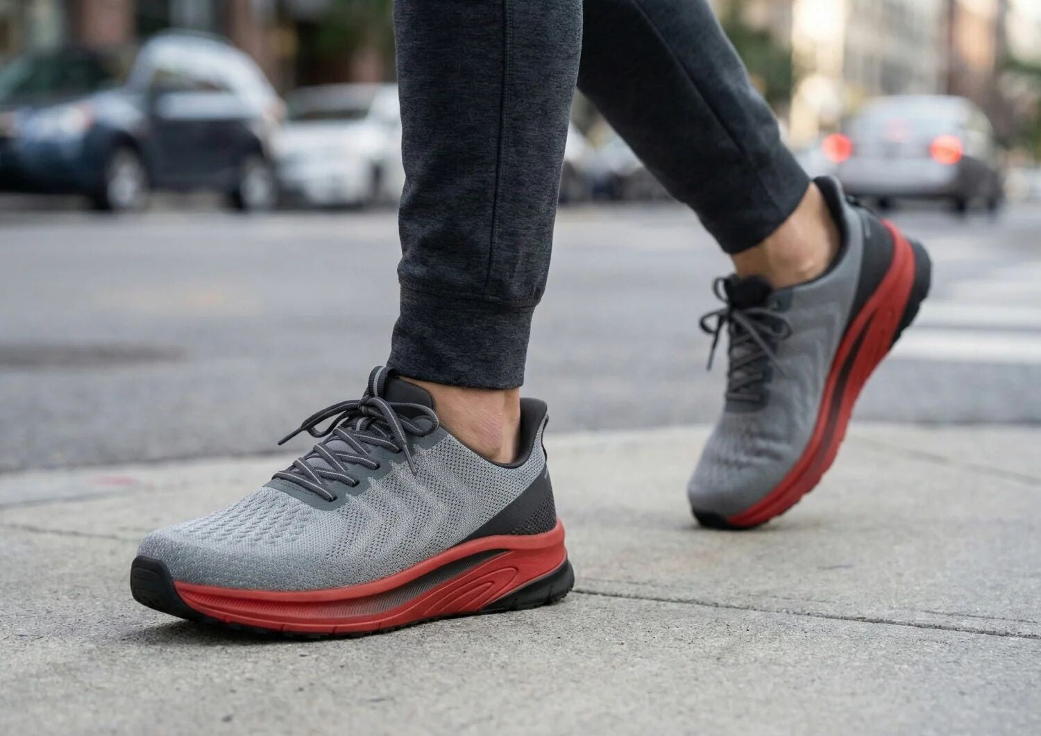 Orthofeet Tilos Hands-Free Support Stretch Men's Sneakers - Gray/red - Lifestyle View - 7