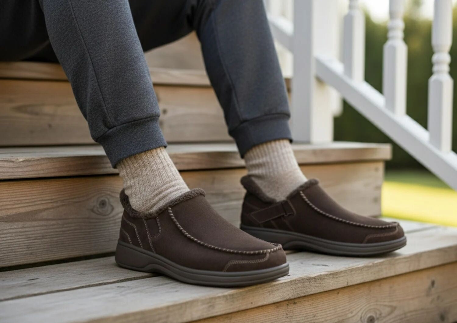 Orthofeet Vito Hands-Free Supportive Comfort Men's Slippers - Chocolate - Lifestyle View - 7