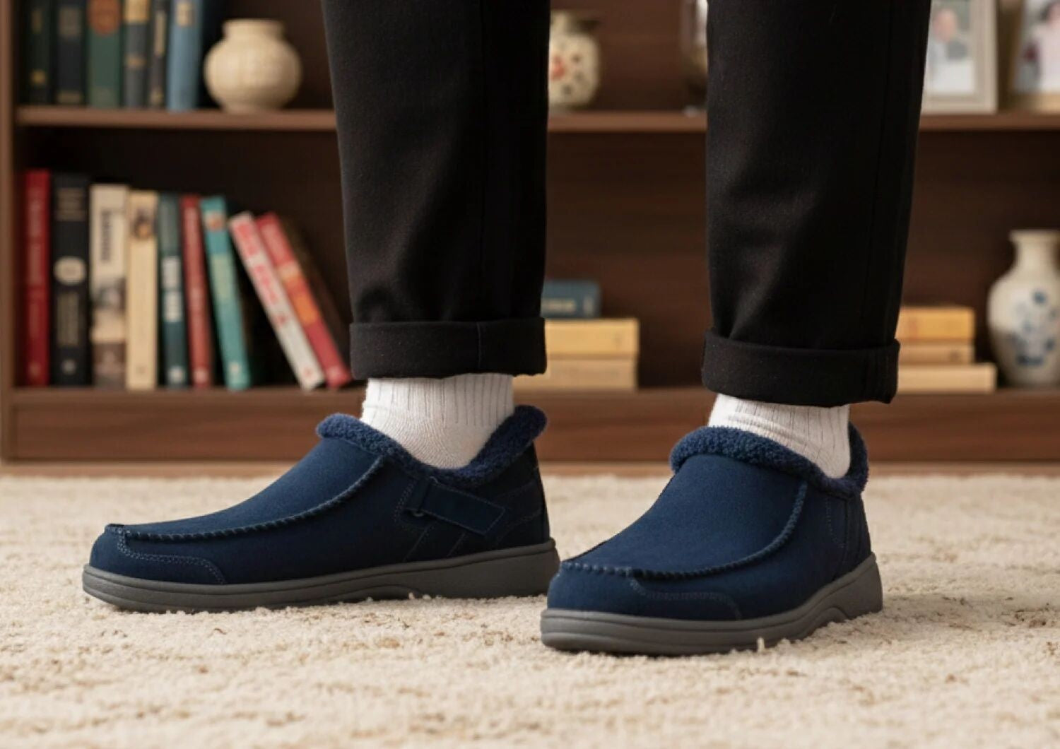 Orthofeet Vito Hands-Free Supportive Comfort Men's Slippers - Navy - Lifestyle View - 7
