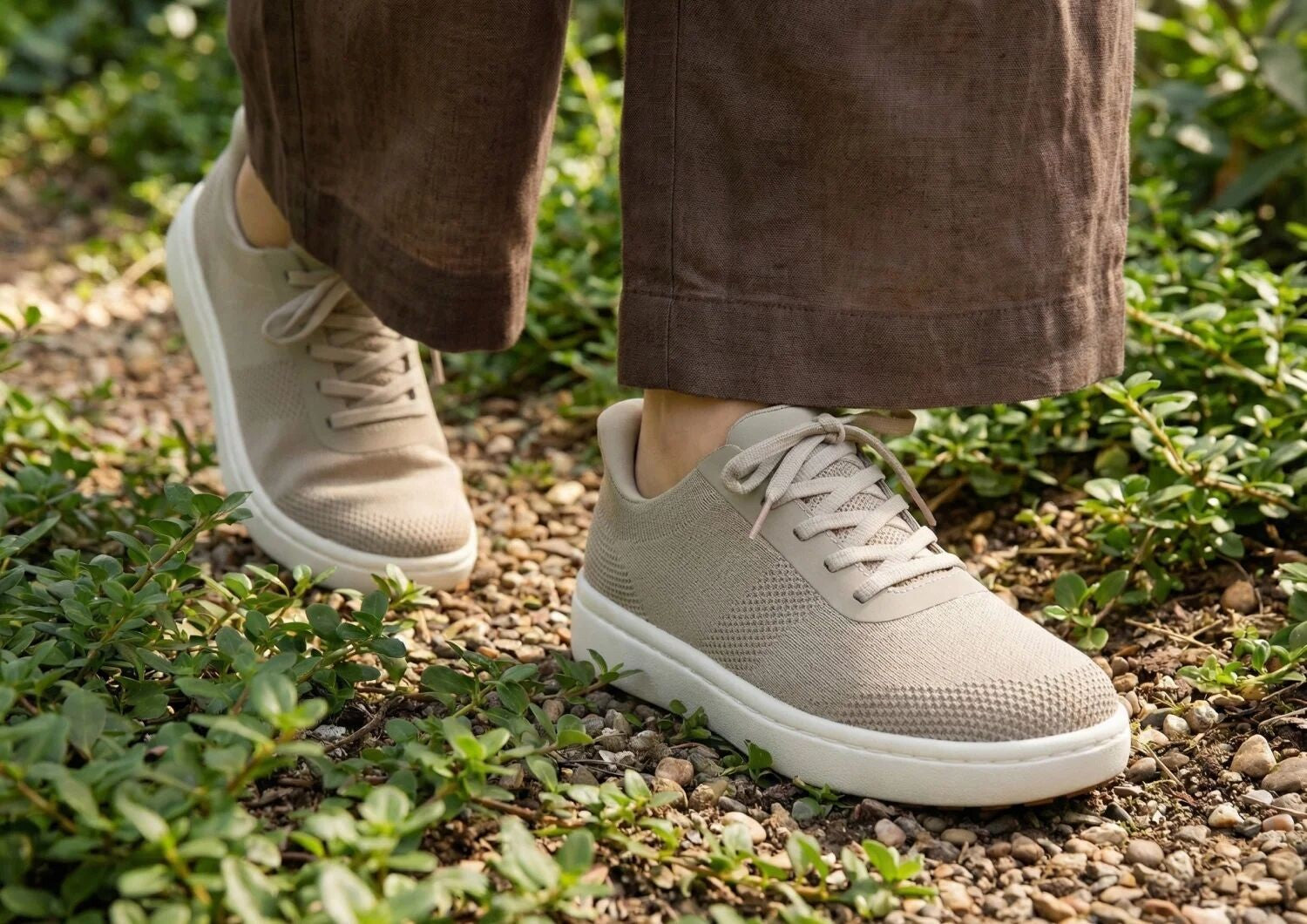Orthofeet Wander Hands-Free Knit Women's Sneaker - Beige - Lifestyle View - 7