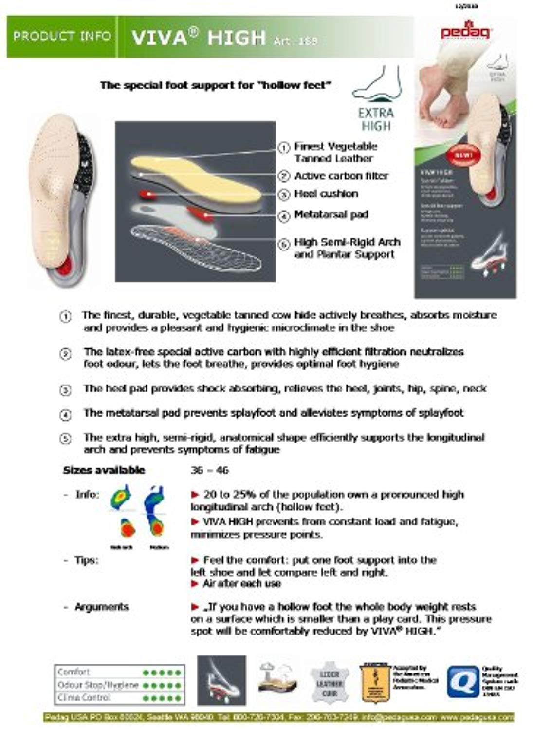 Pedag VIVA Orthotic Insole for High Arch