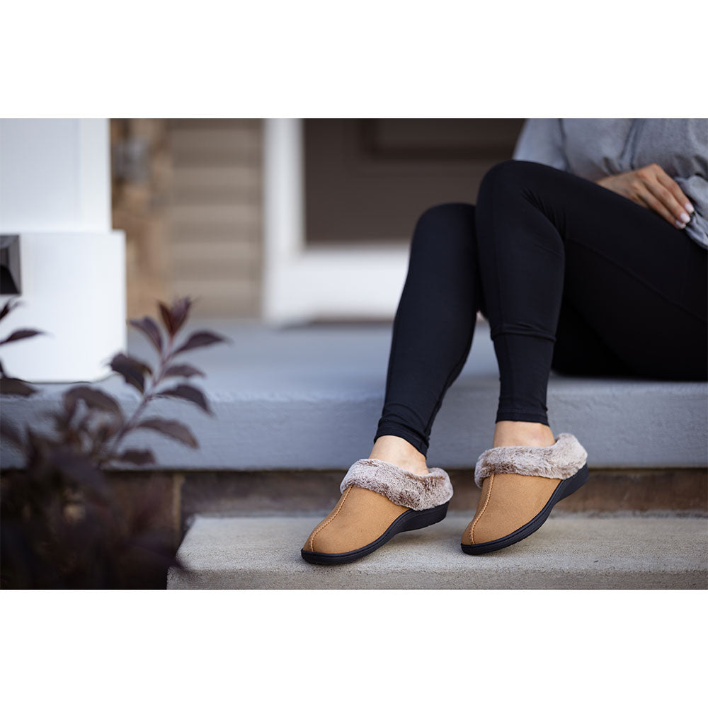 Powerstep Luxe Women's Orthotic Slippers - Memory Foam Slip-Ons with Arch Support - Taupe Clog Lifestyle