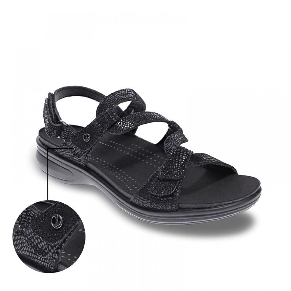 Revere Emerald 3 Strap Leather Sandals - Seasonal - Women's - Black Lizard - Strap Detail