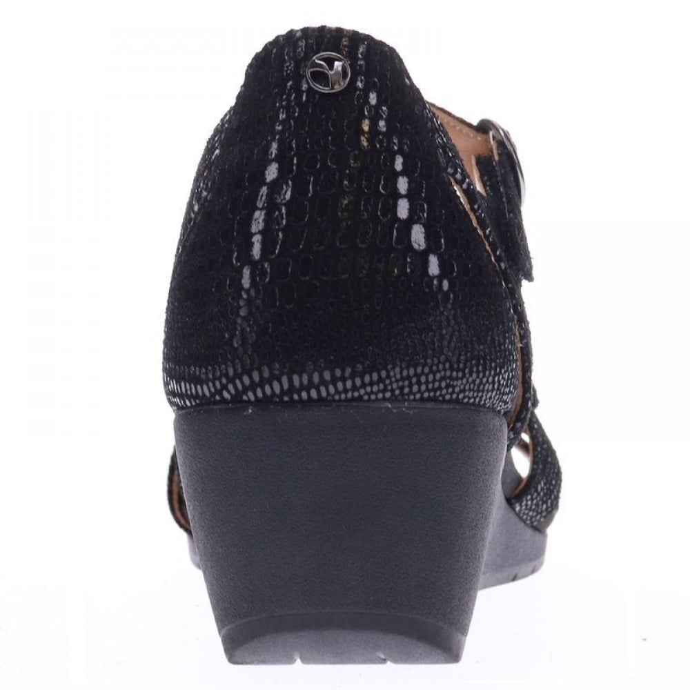 Revere Nassau Closed Heel Wedge - Women's - Black Lizard - Rear