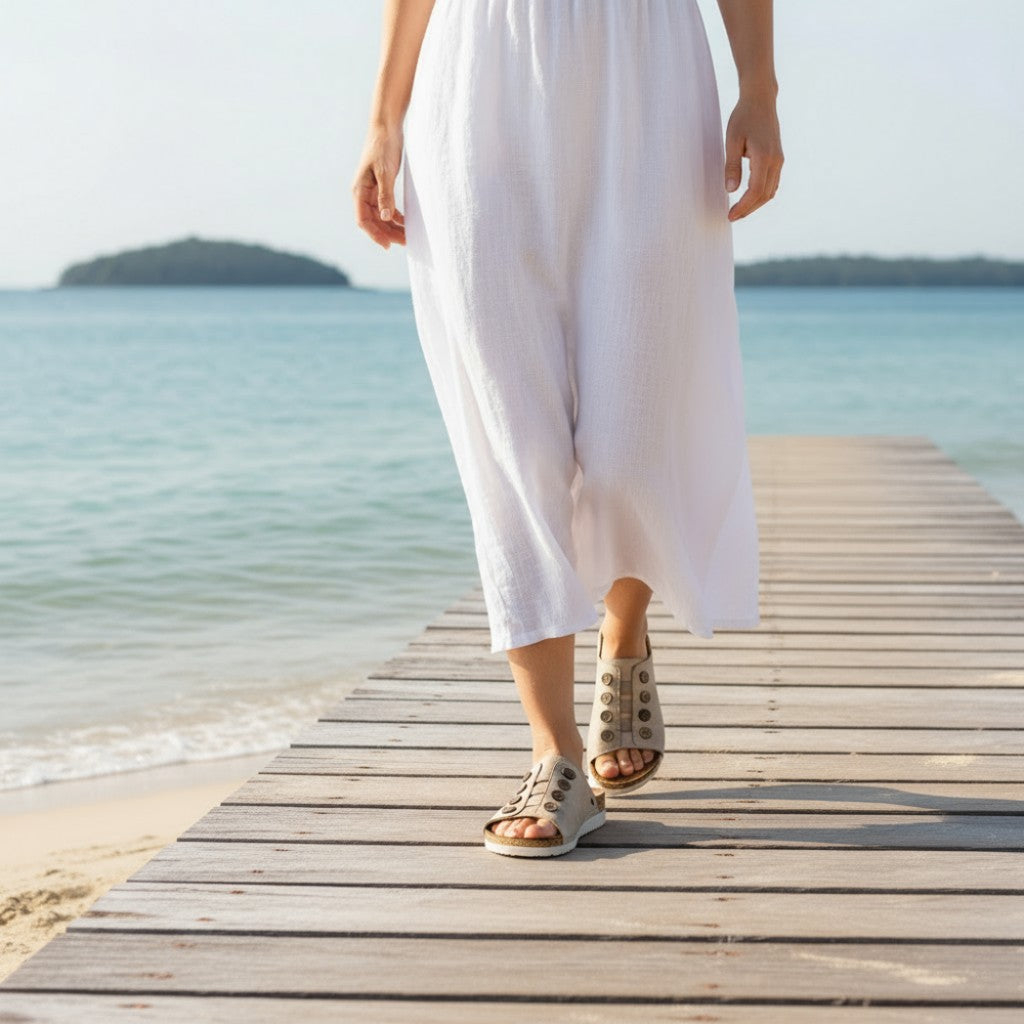 Revere Antalya Cushioned Arch Support Removable Footbed Women's Slide - Gold Linen - Product View - 6