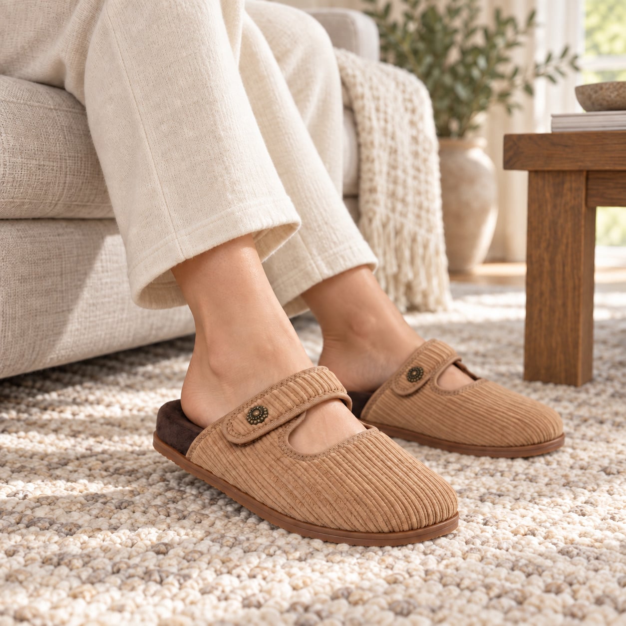 Illustrative lifestyle image: Revitalign Gale Walnut slippers worn at home