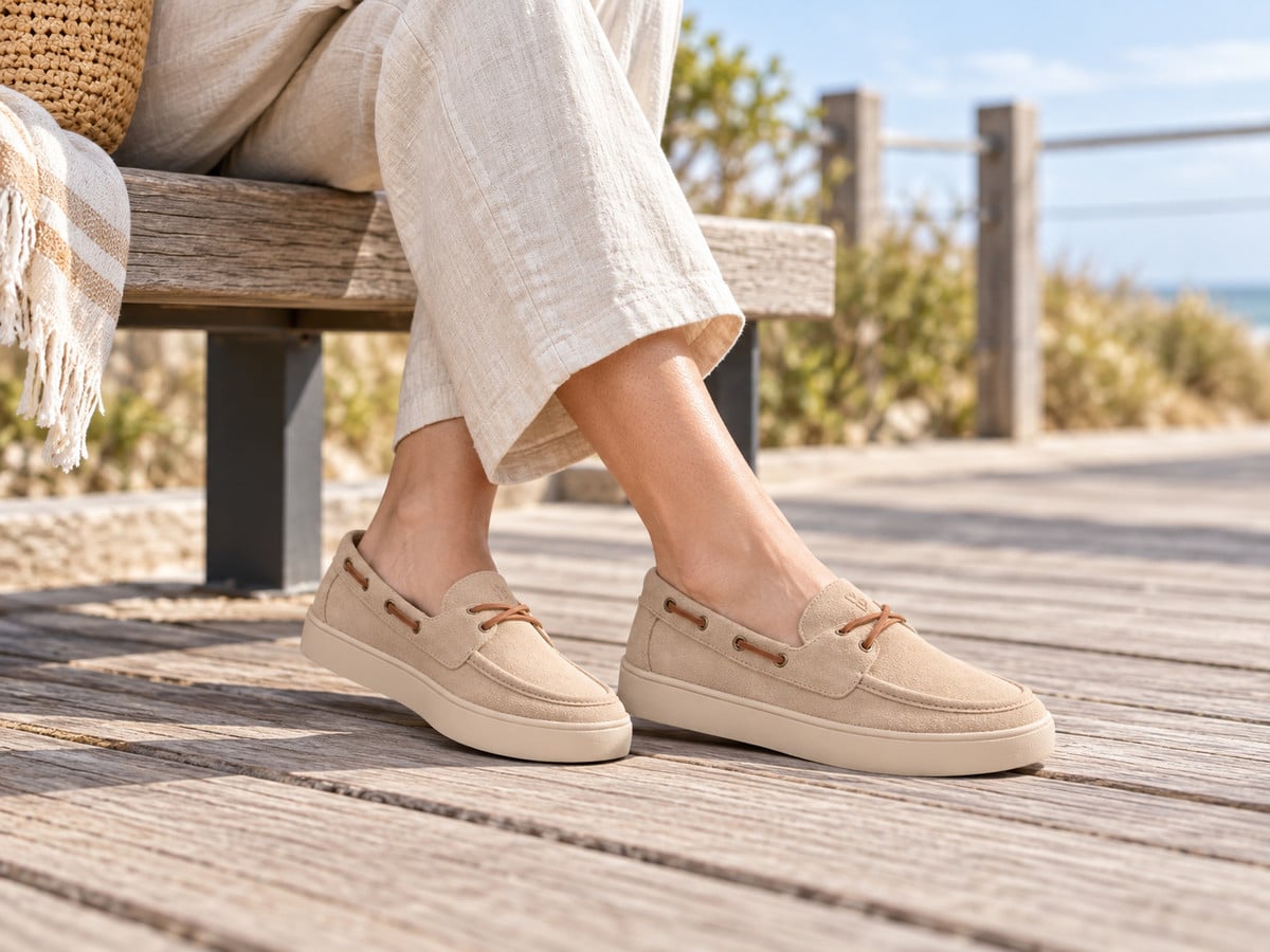 Illustrative lifestyle image: Revitalign Malibu Ahoy Sesame slip-on sneakers worn on a dry boardwalk